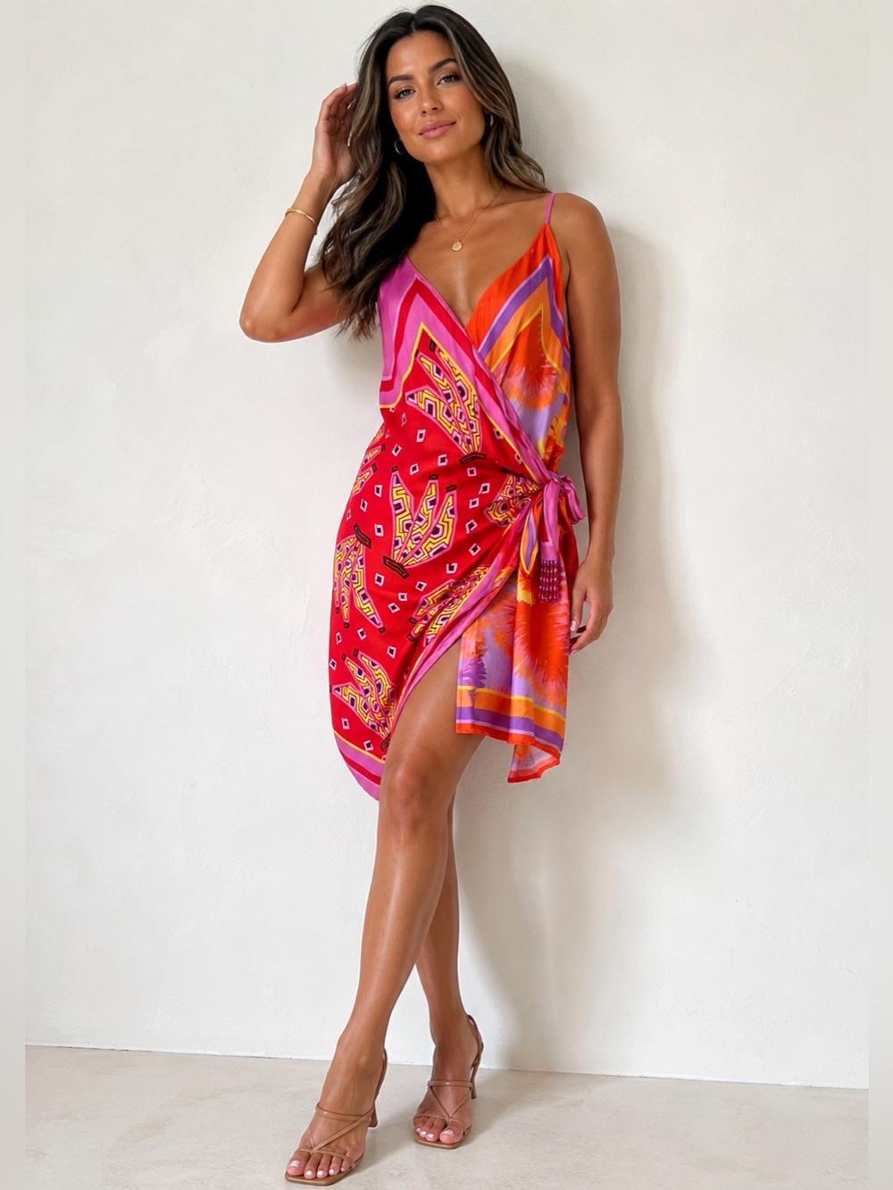 FARM Rio Beaded Tassel Wrap Dress Size L Pink Orange Banana Tropical Mini